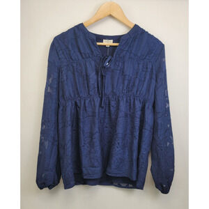 Mason & Belle Top Blouse Womens Small Blue Floral Jacquard Semi Sheer Sleeve